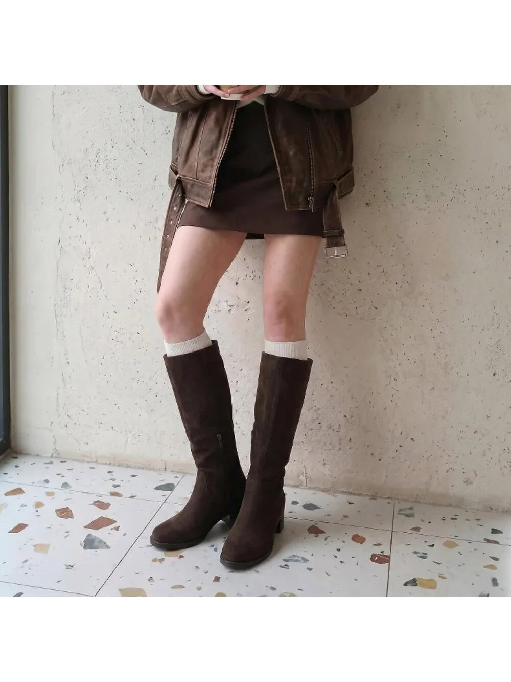 Women Chocolate Suede Chunky Heel Round Toe Pu Suede Side Zipper Knee High Boots
